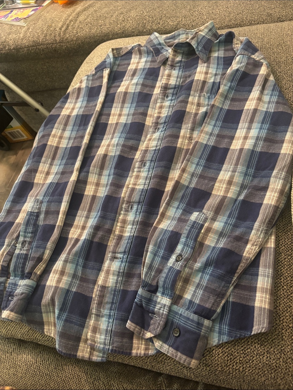 St. John's Bay Navy and Light Blue Plaid Button-Down Shirt